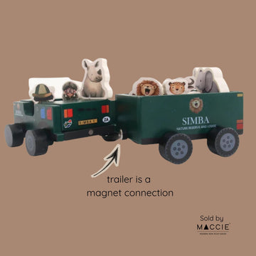 wooden push safari jeep with magnetic trailer + activity cards