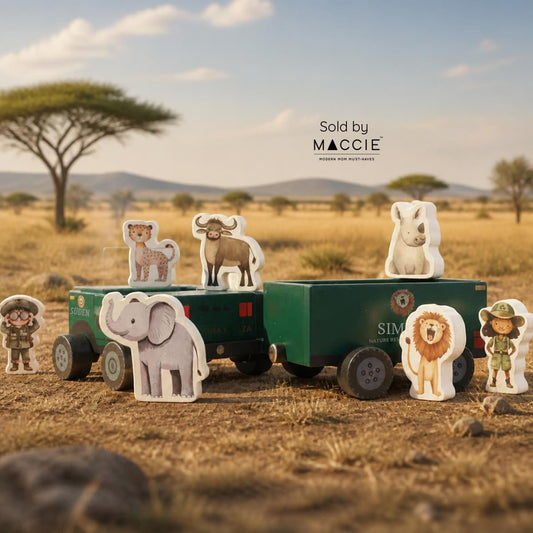 wooden push safari jeep with magnetic trailer + activity cards