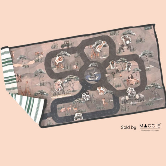 travel play mat l 11 wooden safari animals + foldable playmat