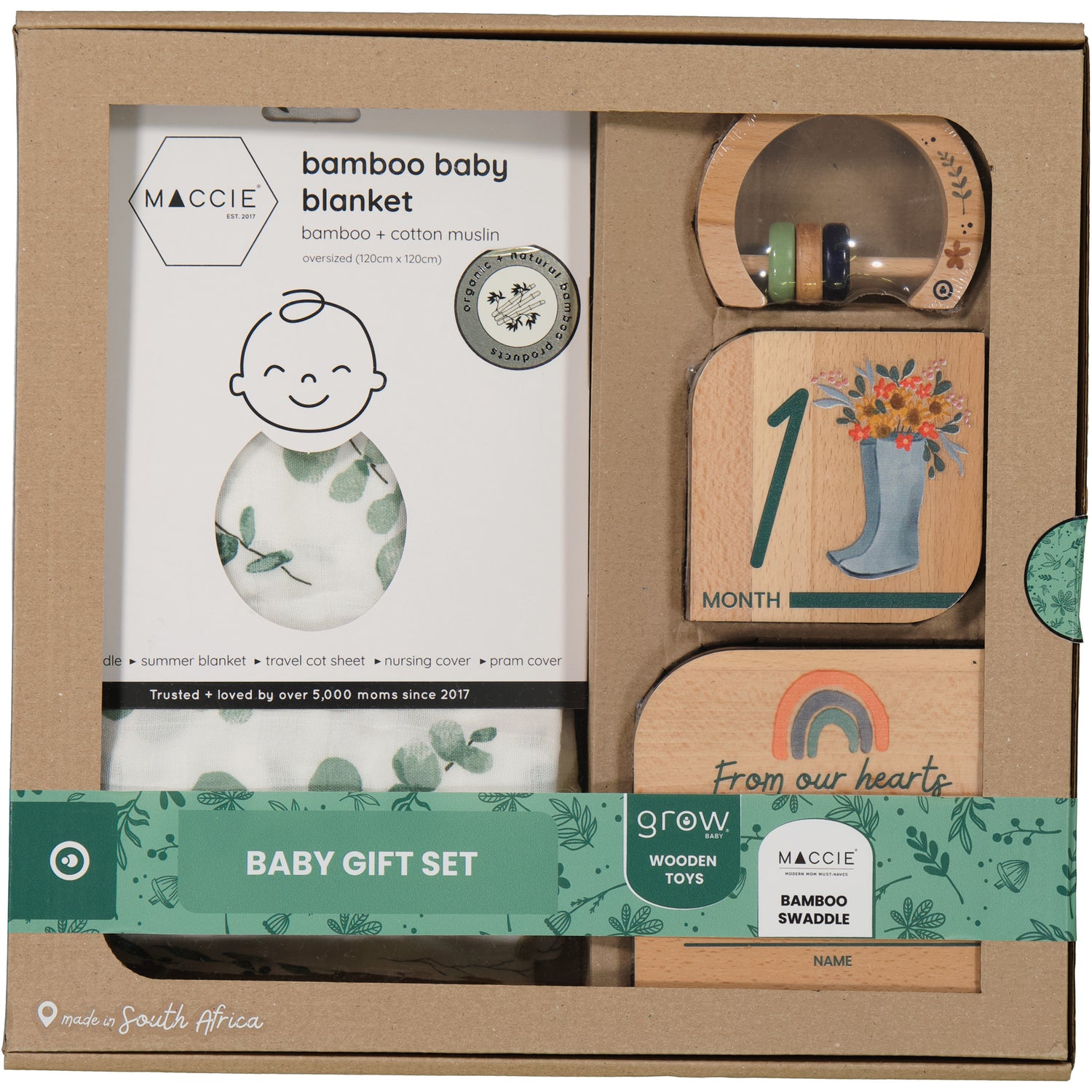 Baby gift set with bamboo baby blanket and wooden toys in a cardboard box