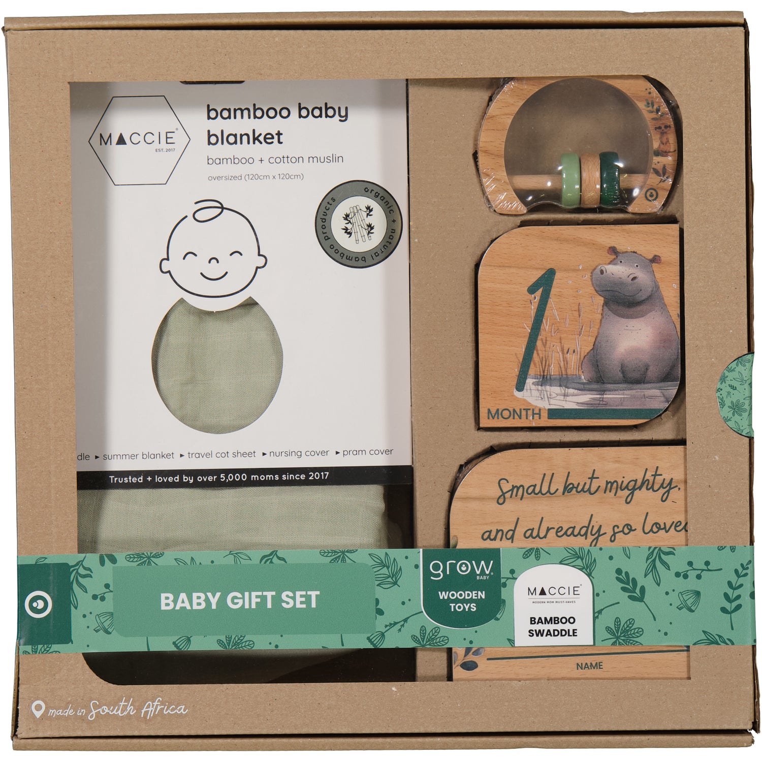 MACCIE X GROW BABY gift set l bamboo muslin+ rattle +milestone cards