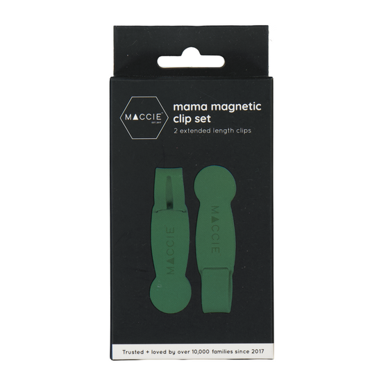 Maccie magnetic clip set in a black retail packaging box, showing two green silicone clips through a clear window.