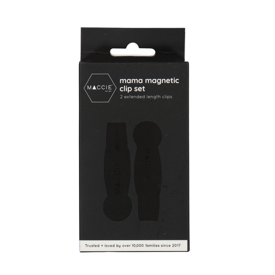 Maccie Mama Magnetic Clip Set in its original black retail packaging, featuring two black magnetic clips on a white background.