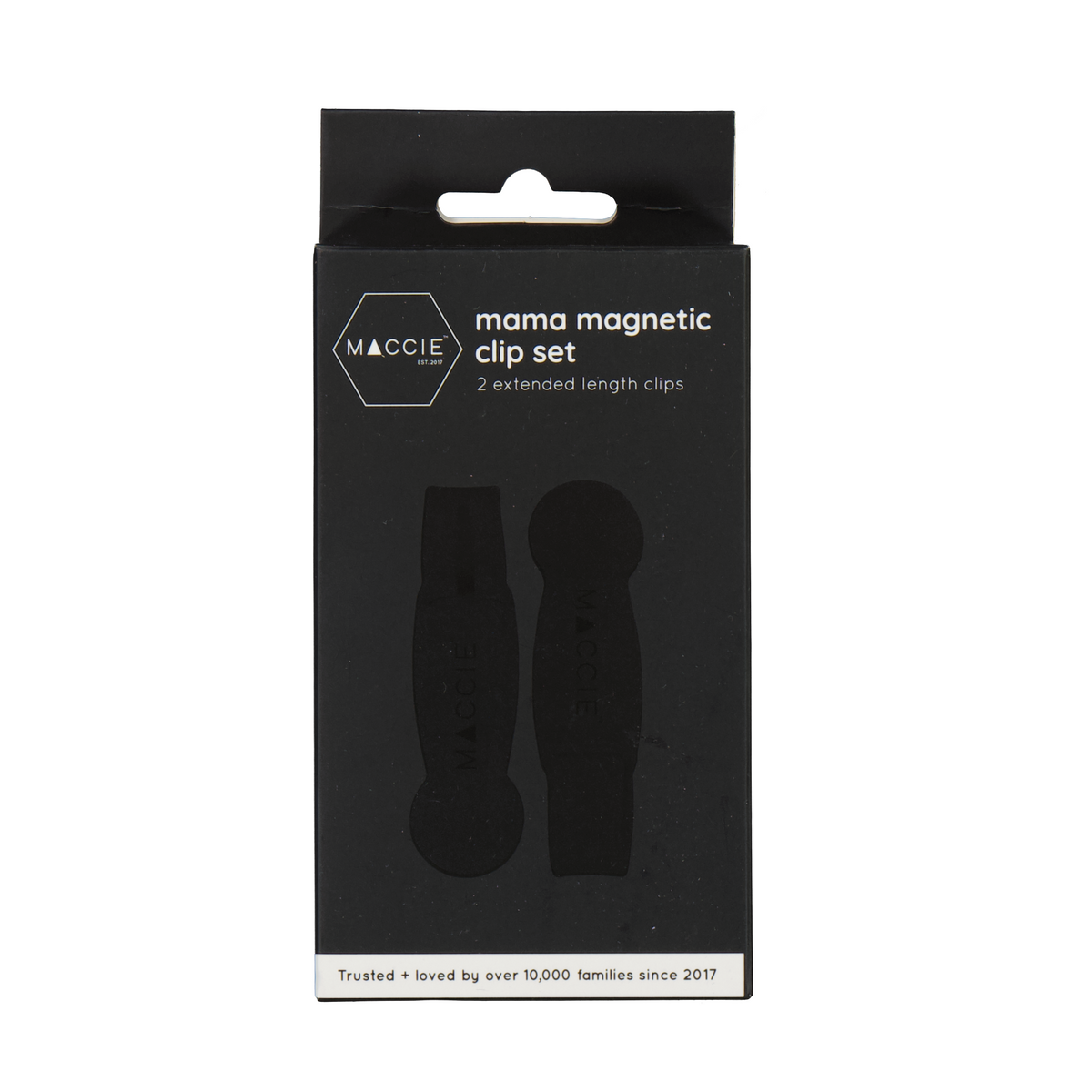 Maccie Mama Magnetic Clip Set in its original black retail packaging, featuring two black magnetic clips on a white background.