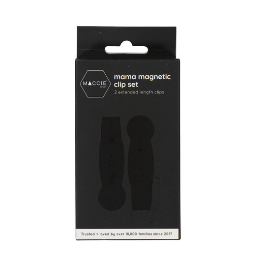 Maccie Mama Magnetic Clip Set in its original black retail packaging, featuring two black magnetic clips on a white background.