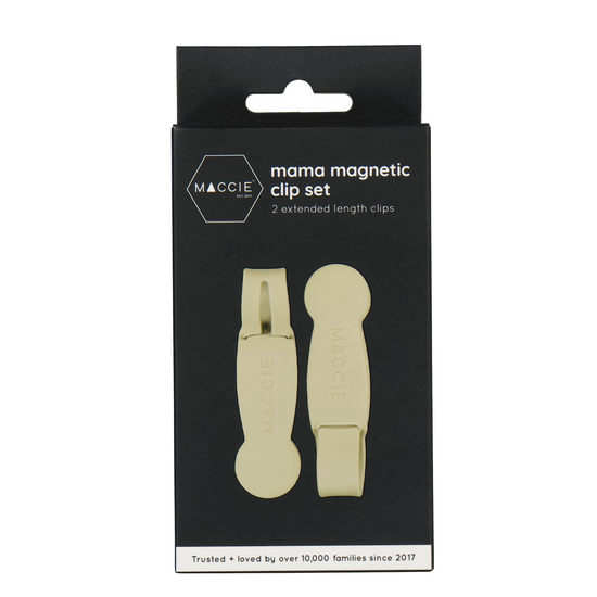 Maggie Mama Magnetic Clip Set in its original black retail packaging, featuring two gold-toned magnetic hair clips.