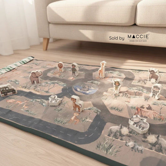 travel play mat l 11 wooden safari animals + foldable playmat