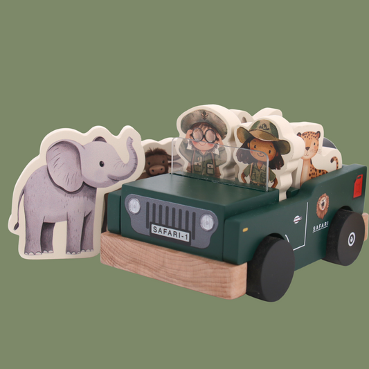 wooden push car by GROW BABY l safari jeep + wildlife playset