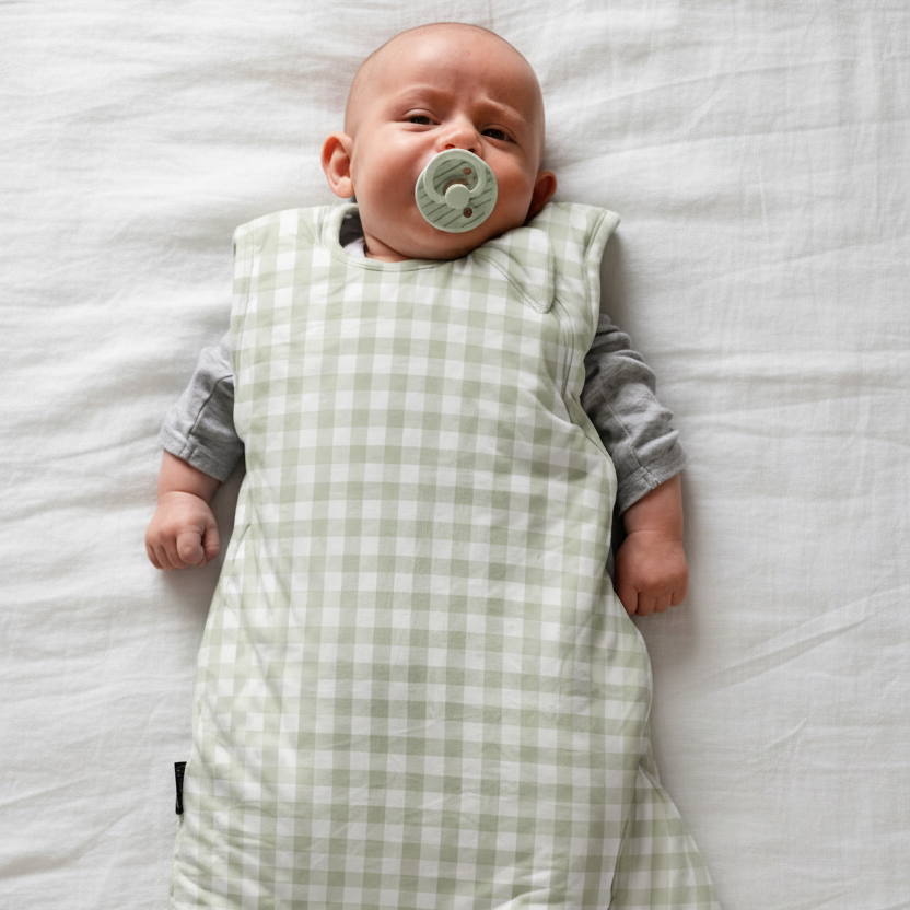 Baby wrapped in a green checkered swaddle on a black background