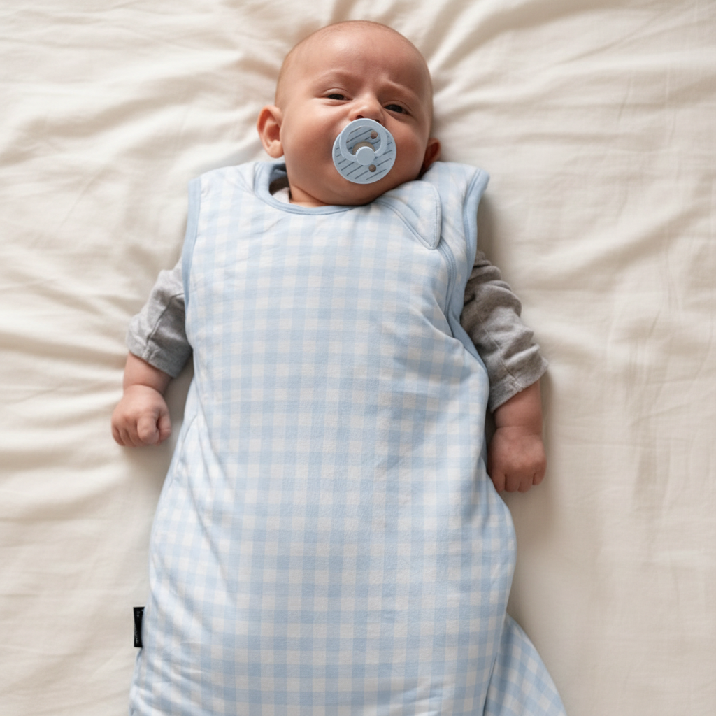 Baby in a blue checkered sleep bag with a pacifier on a dark background