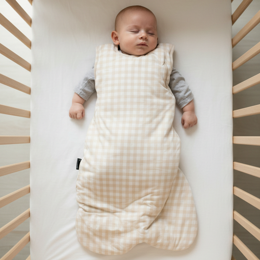 Baby lying on a black surface wearing a beige checkered sleep bag.