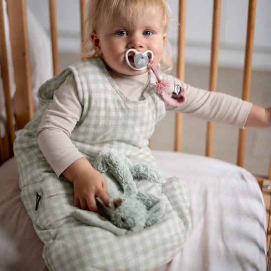 Baby sitting in a crib holding a pacifier and a toy, wearing a green checkered sleep sack