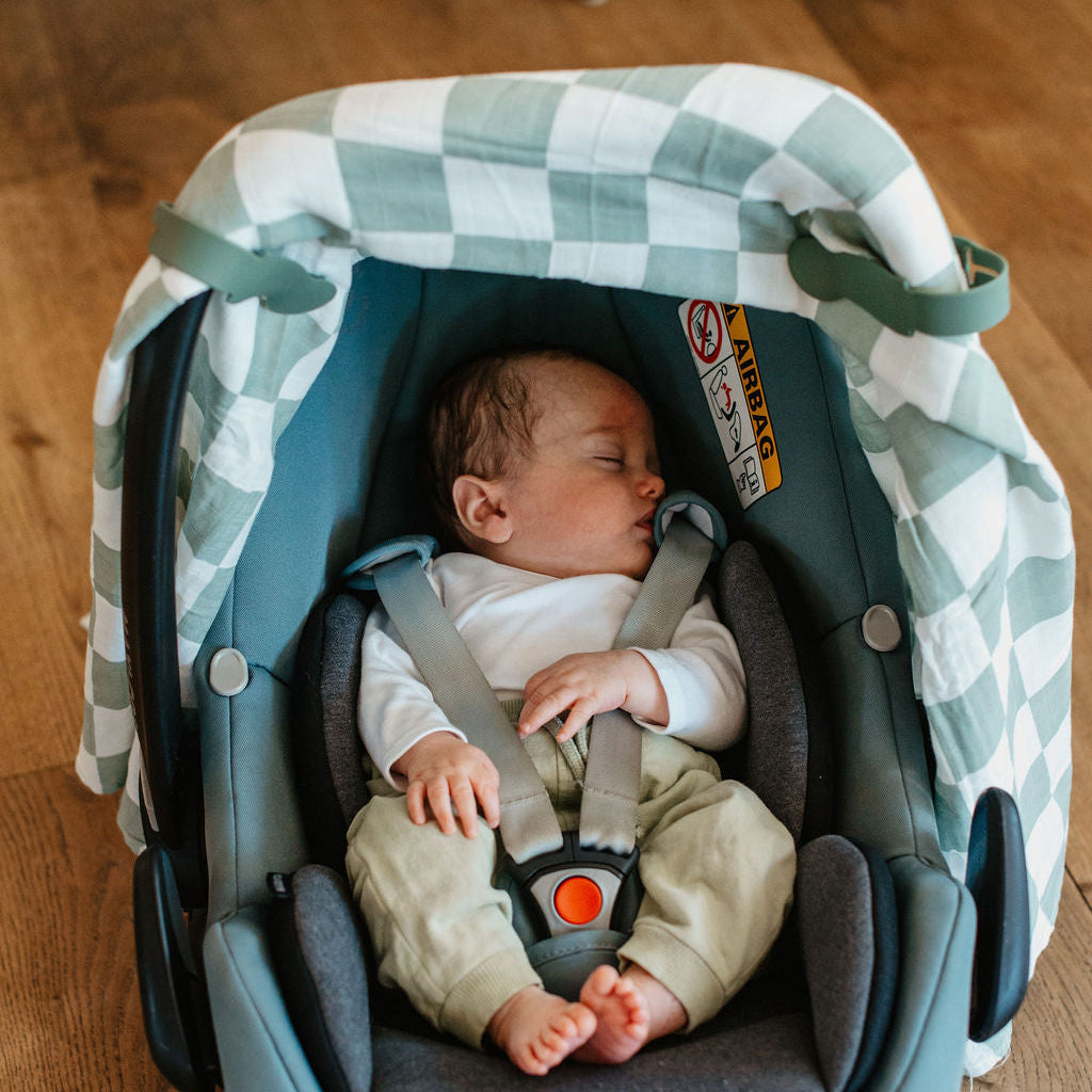 Baby in a blue and green car seat on a wooden floor