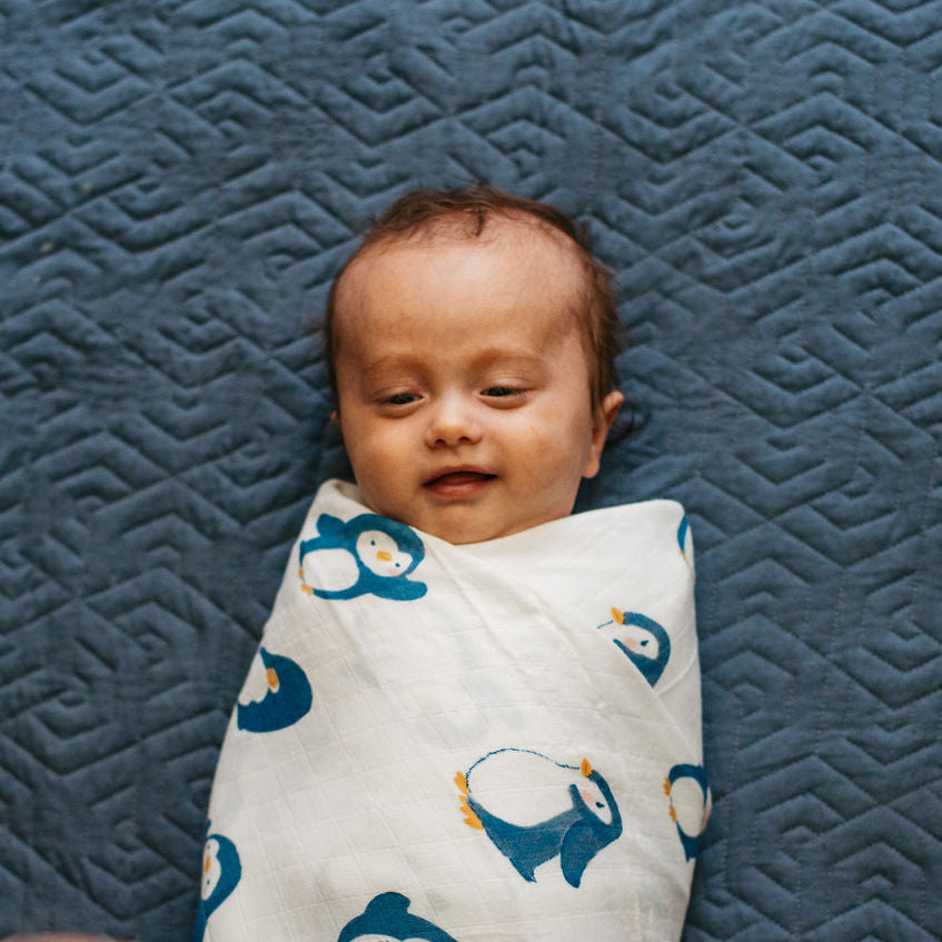Baby wrapped in a blanket with penguin pattern on a textured blue surface