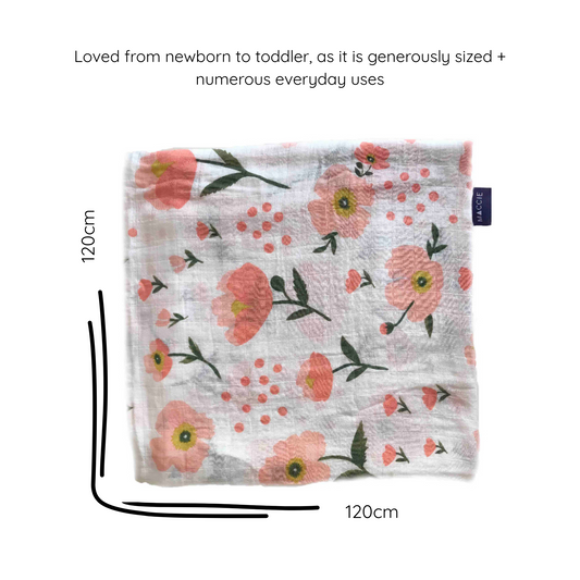 bamboo muslin swaddle baby blanket | pink poppy flowers