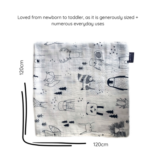 bamboo muslin swaddle baby blanket | scandi animals