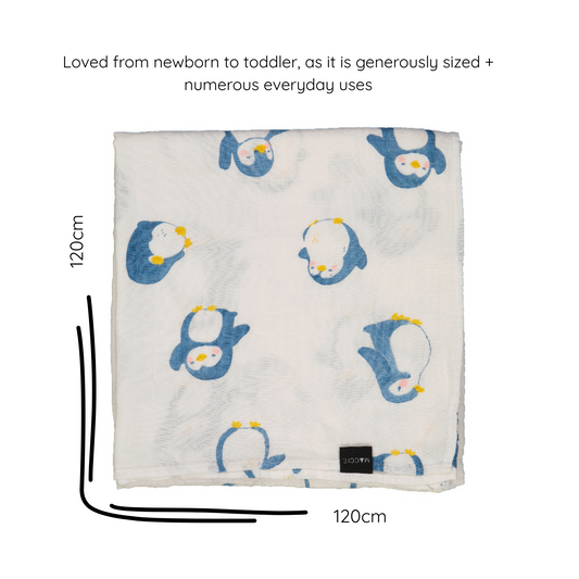 bamboo muslin swaddle baby blanket | simone the penguin