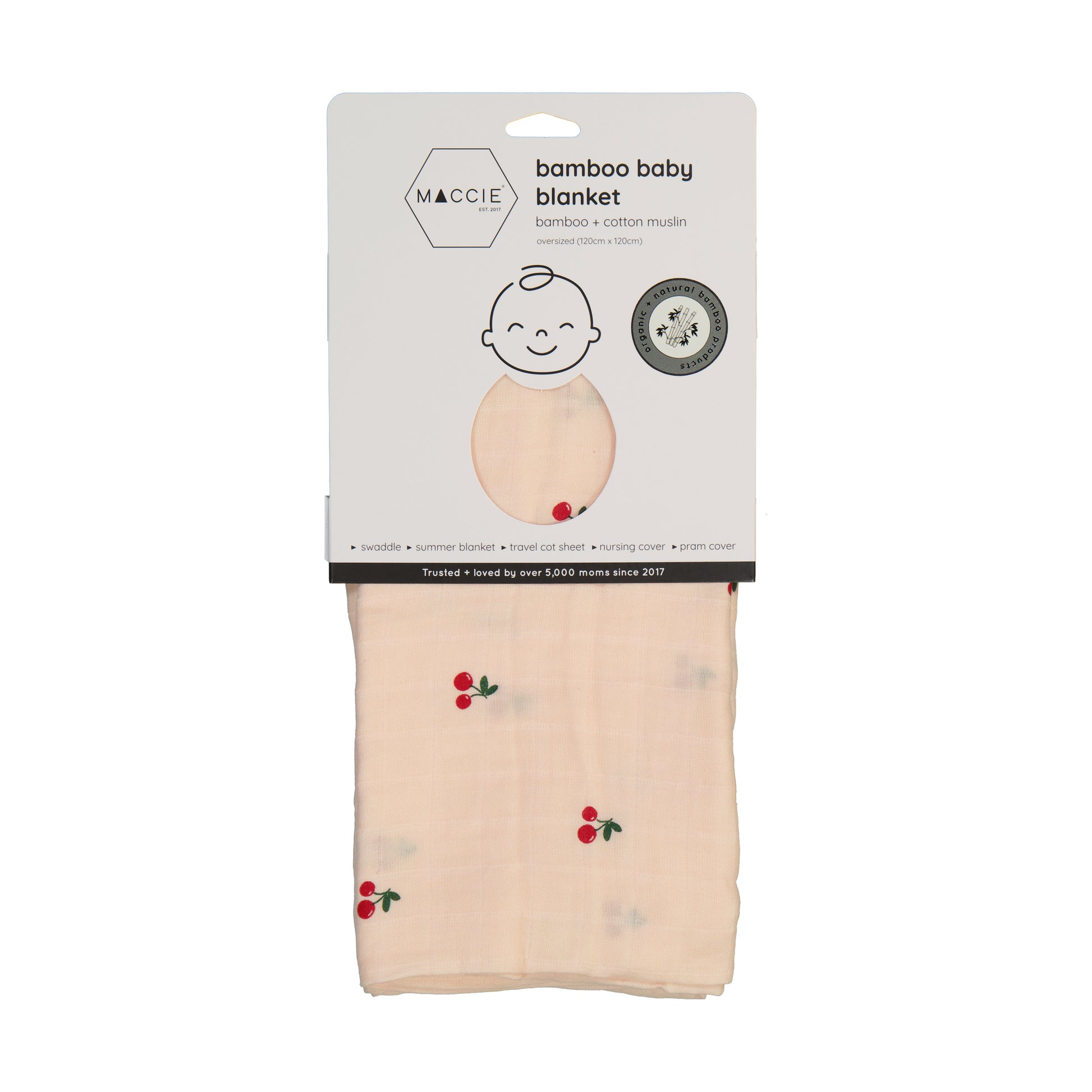 Packaged bamboo baby blanket with cherry pattern on a white background