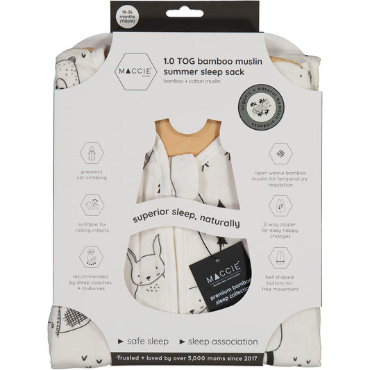 Maccie bamboo muslin summer sleep sack packaging with illustrations of animals on a white background.