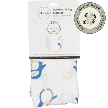 bamboo muslin swaddle baby blanket | simone the penguin