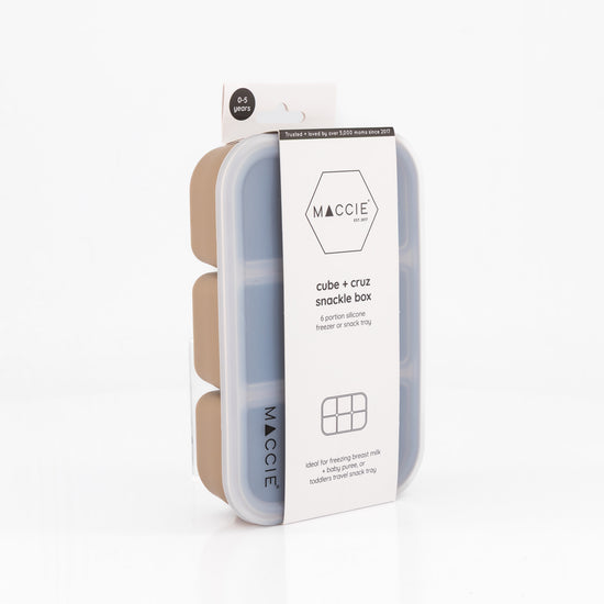 MACCIE cube cruz snackle box in BPA-free silicone with tight-fitting lid, showing 6 compartments for food prep and toddler travel snacks.