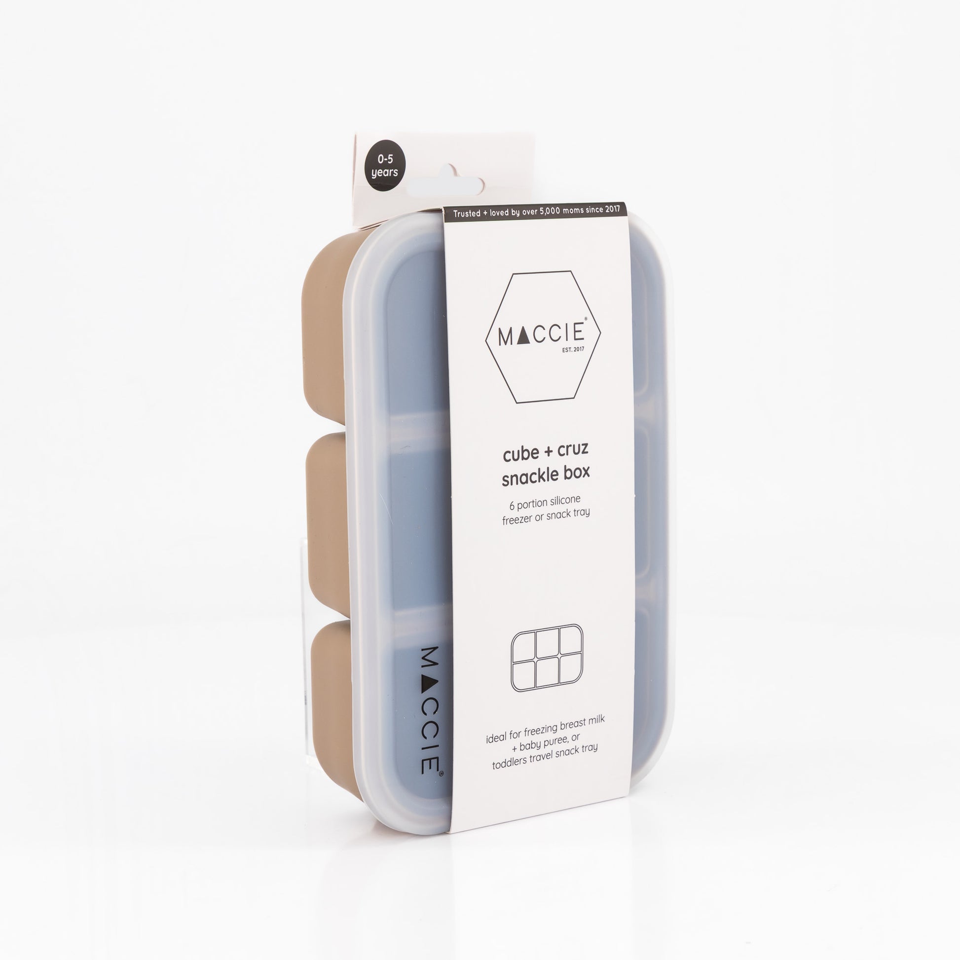 MACCIE cube cruz snackle box in BPA-free silicone with tight-fitting lid, showing 6 compartments for food prep and toddler travel snacks.