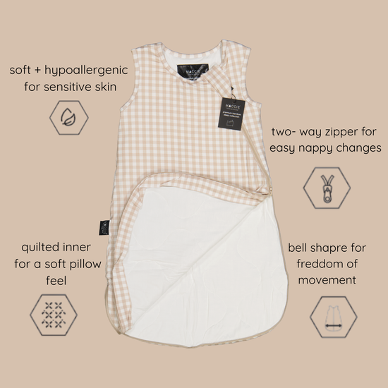 Close up of buttery soft natural bamboo viscose fabric on MACCIE winter sleep sack a friction-free hypoallergenic alternative to rough cotton and sweaty synthetic polyester fleece.