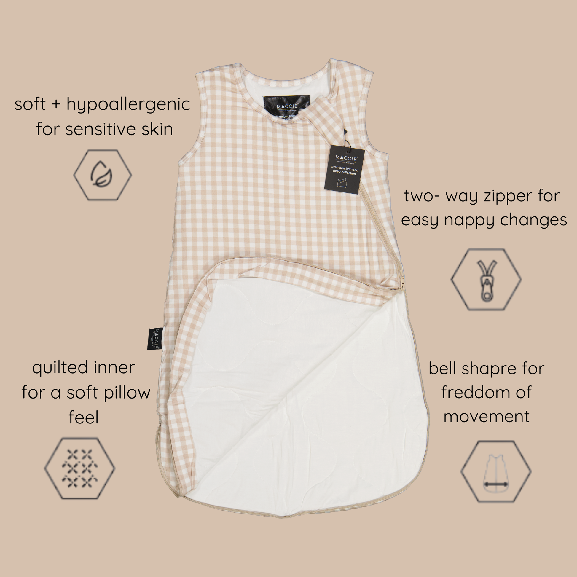 Close up of buttery soft natural bamboo viscose fabric on MACCIE winter sleep sack a friction-free hypoallergenic alternative to rough cotton and sweaty synthetic polyester fleece.