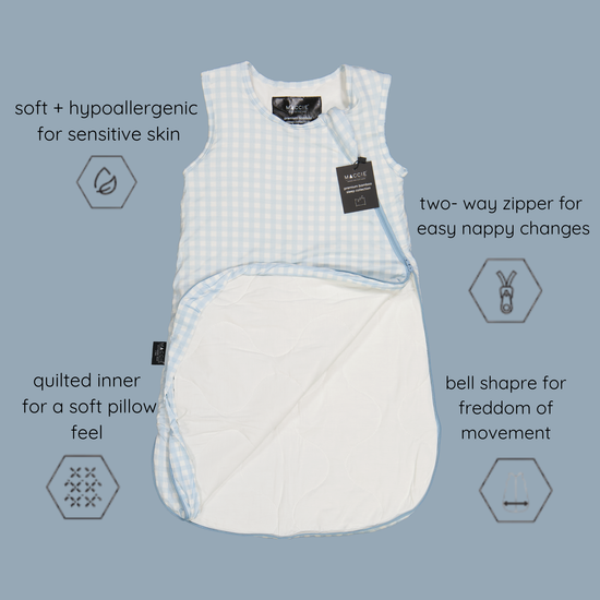 Close up of buttery soft natural bamboo viscose fabric on MACCIE winter sleep sack a friction-free hypoallergenic alternative to rough cotton and sweaty synthetic polyester fleece.