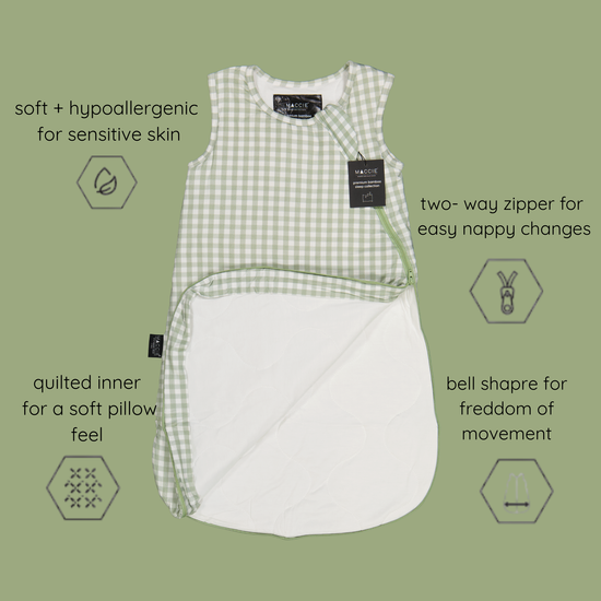 Close up of buttery soft natural bamboo viscose fabric on MACCIE winter sleep sack a friction-free hypoallergenic alternative to rough cotton and sweaty synthetic polyester fleece.