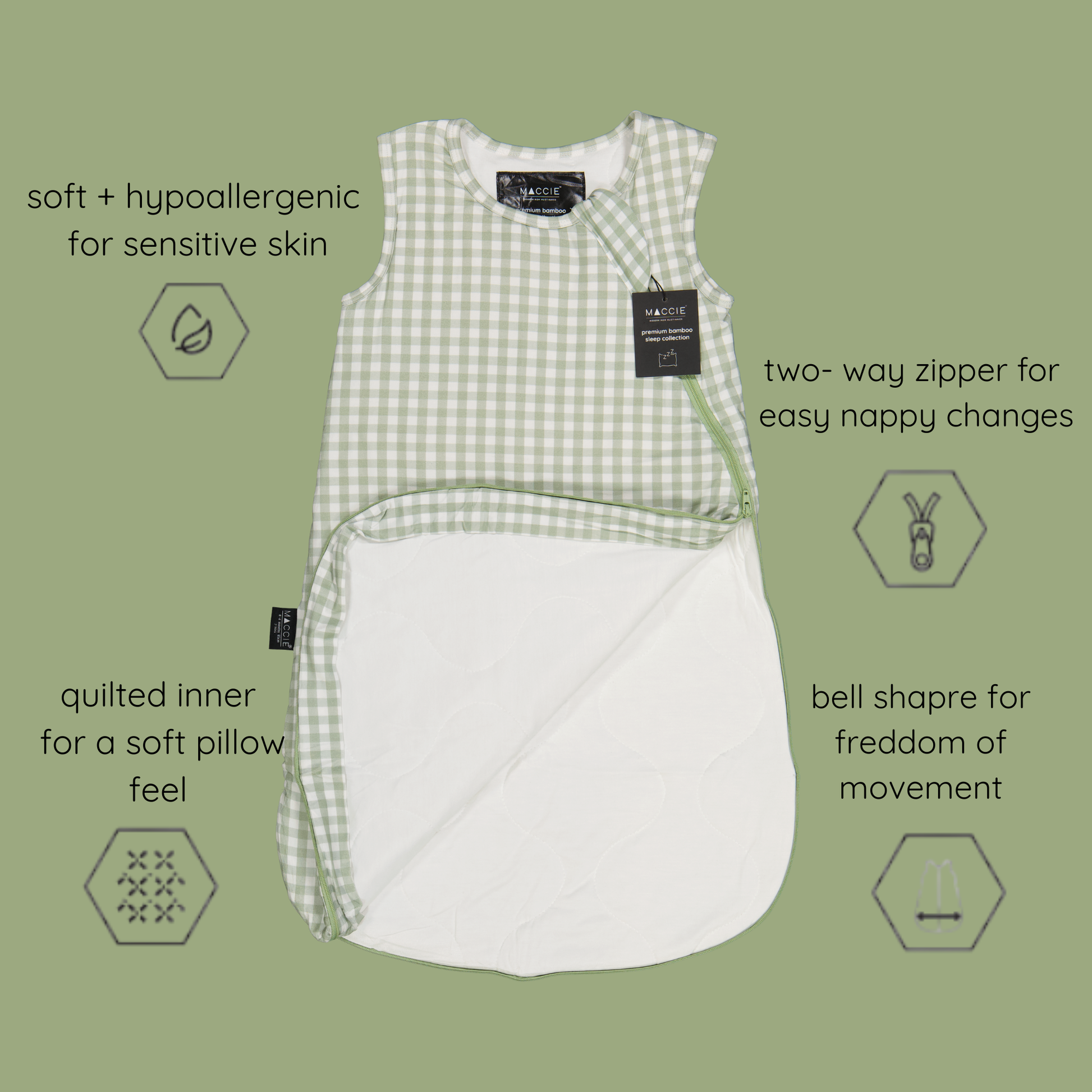 Close up of buttery soft natural bamboo viscose fabric on MACCIE winter sleep sack a friction-free hypoallergenic alternative to rough cotton and sweaty synthetic polyester fleece.