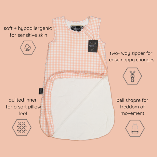 Close up of buttery soft natural bamboo viscose fabric on MACCIE winter sleep sack a friction-free hypoallergenic alternative to rough cotton and sweaty synthetic polyester fleece.