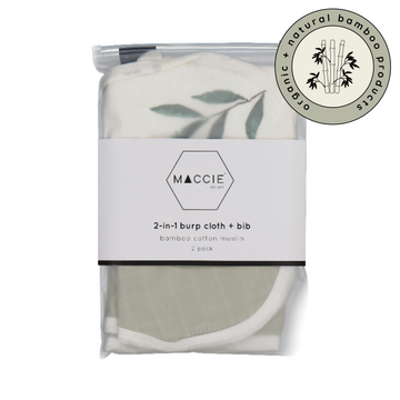 2-in-1 baby burp cloth + bib set | green leaves + sage green