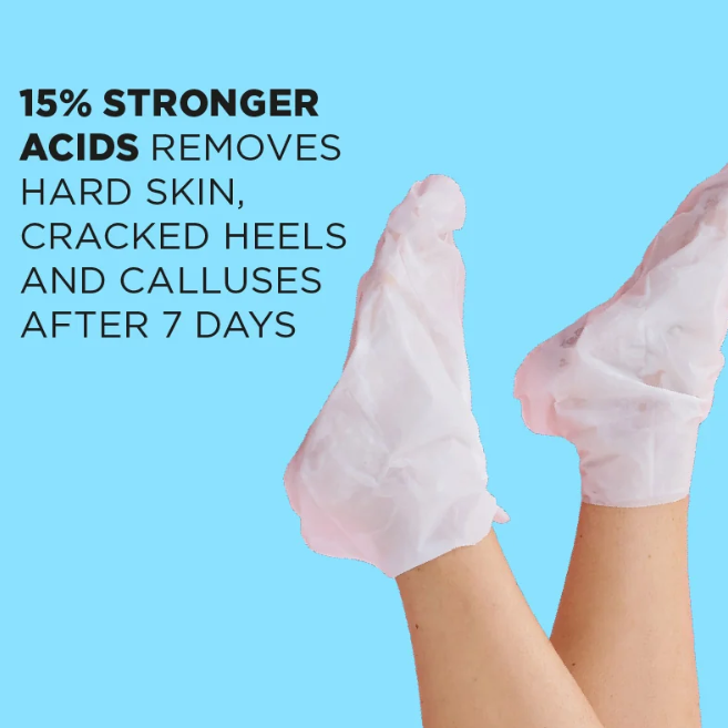 A pair of bare feet wearing translucent light pink socks against a bright blue background, with black text on the left reading, '15% STRONGER ACIDS REMOVES HARD SKIN, CRACKED HEELS AND CALLUSES AFTER 7 DAYS'.