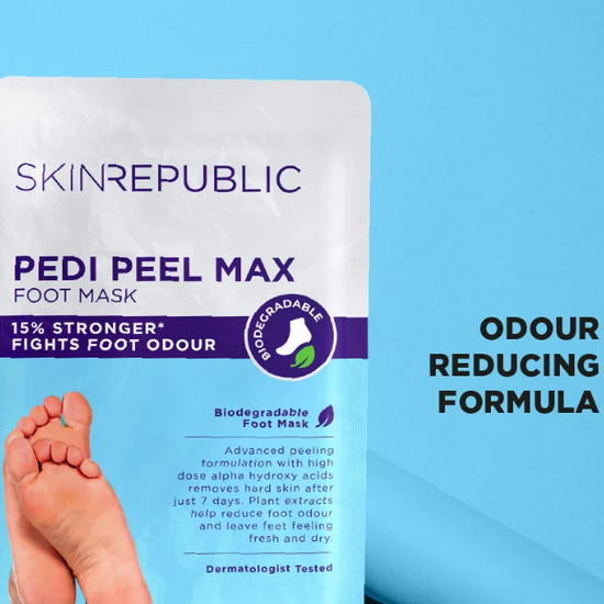 A package of SKINREPUBLIC Pedi Peel Max Foot Mask is shown against a bright blue background, with a human foot visible at the bottom left and text on the right reading 'ODOUR REDUCING FORMULA'.
