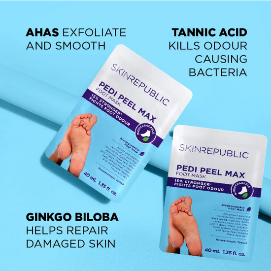 Two SKINREPUBLIC Pedi Peel Max foot mask sachets on a light blue background with promotional text highlighting exfoliation, odor reduction, and skin repair.