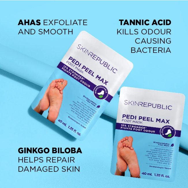 Two SKINREPUBLIC Pedi Peel Max foot mask sachets on a light blue background with promotional text highlighting exfoliation, odor reduction, and skin repair.