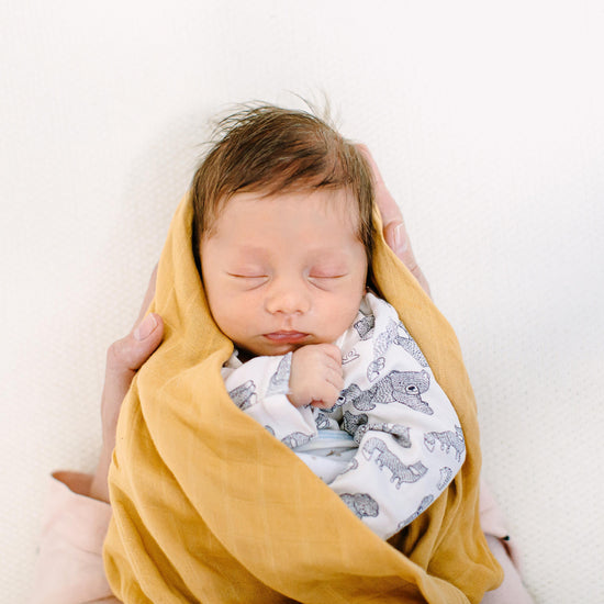Newborn baby wrapped in a yellow blanket with a white background