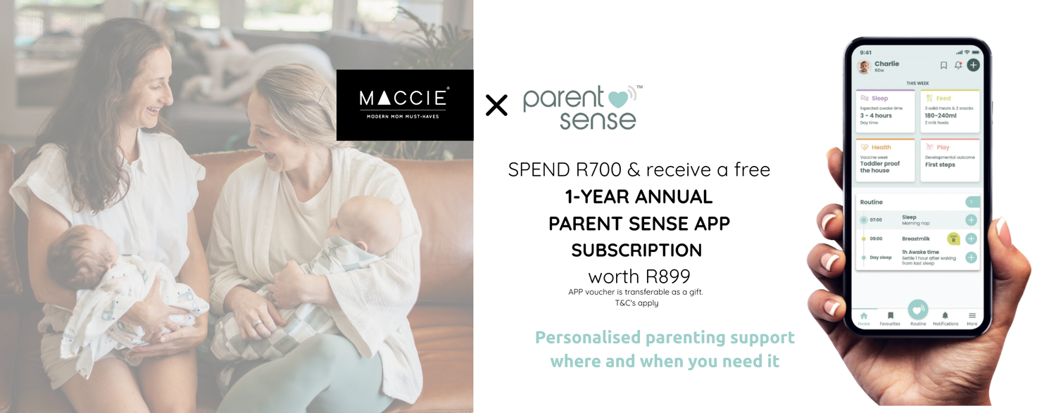 Advertisement for Maccie Parent Sense app with a phone screen and two women holding babies.