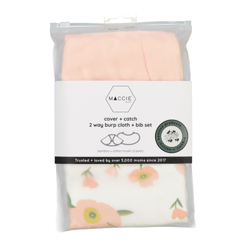 cover + catch 2 way burp cloth & bib set l pink poppy + white