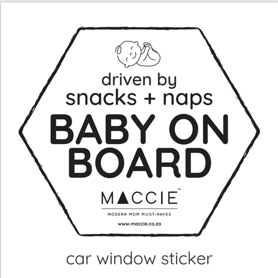 Hexagonal 'Baby on Board' car window sticker with Maccie branding on a white background