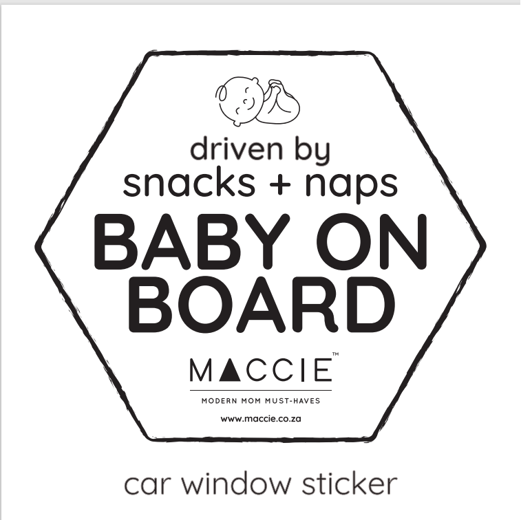 Hexagonal 'Baby on Board' car window sticker with Maccie branding on a white background