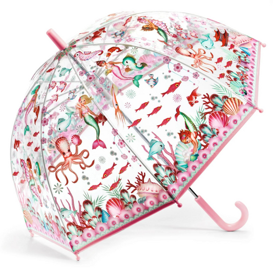 Transparent children's umbrella with mermaid and sea creature pattern on a white background