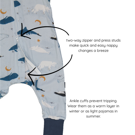 0.3 TOG bamboo summer toddler sleep suits | whale dreams